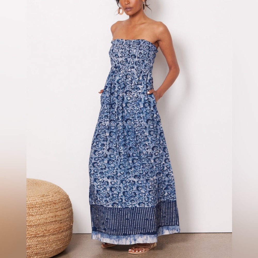 Faherty Strapless Linen Boho Batik Maxi Dress